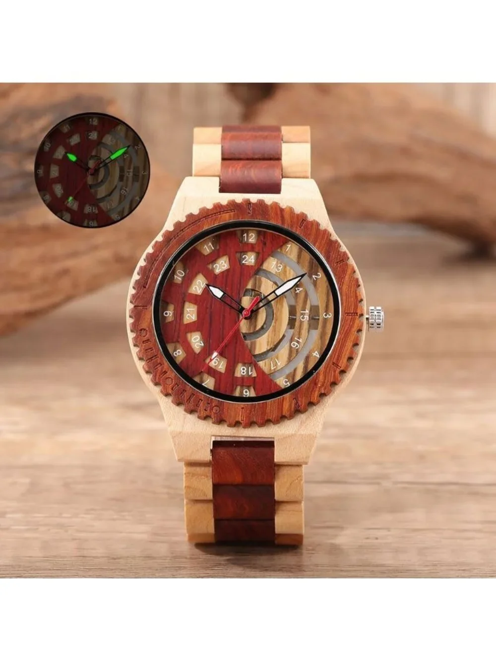 Men's Red Brown Classic Handmade Round Bamboo Analog Date Quartz Wooden Watch